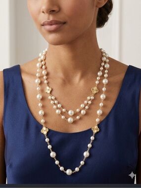 Long Elegant Gold & White Pearl Station Necklace - Women Jewelry
